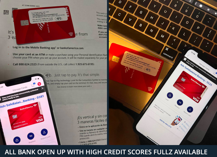 A collage of Bank of America cards and bank account screens.
