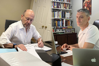 A collage of two people sitting at desks. One is writing in a binder; the other is looking at a computer screen.
