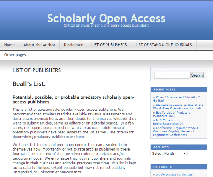 An archive of Beall’s site maintains the most recent list of suspect journals.