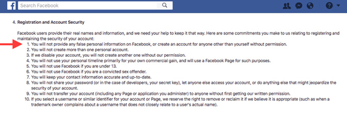 Facebook’s Terms of Service include provisions raising privacy concerns. Screenshot of Facebook.com