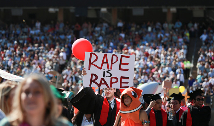 Paul Harrison raises awareness of sexual assault on campus in the wake of the Stanford University rape case involving student athlete Brock Turner. June 12, 2016. REUTERS/Elijah Nouvelage